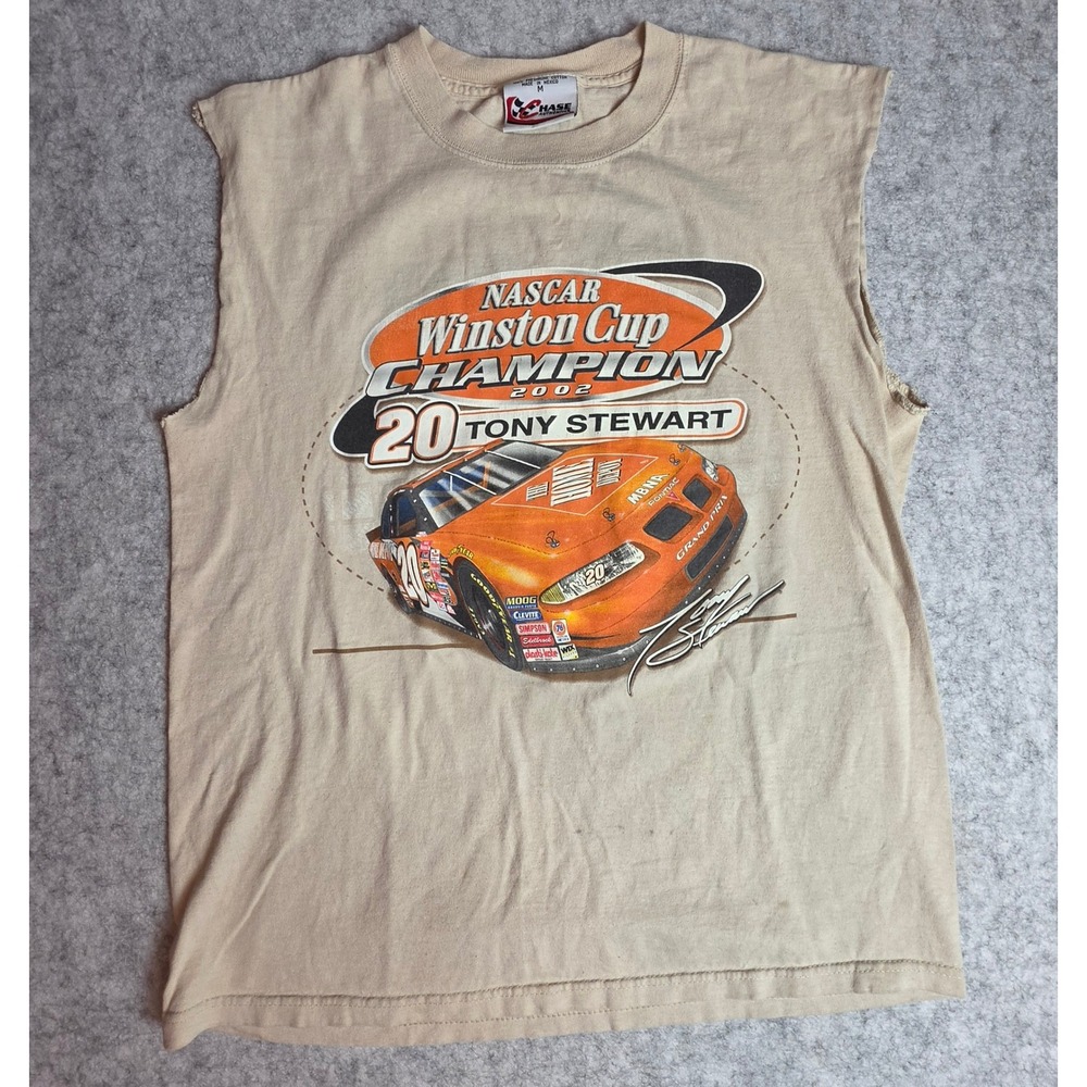 Vintage Tony Stewart NASCAR 2002 Winston Cup Champion Sleeveless Shirt Tan M